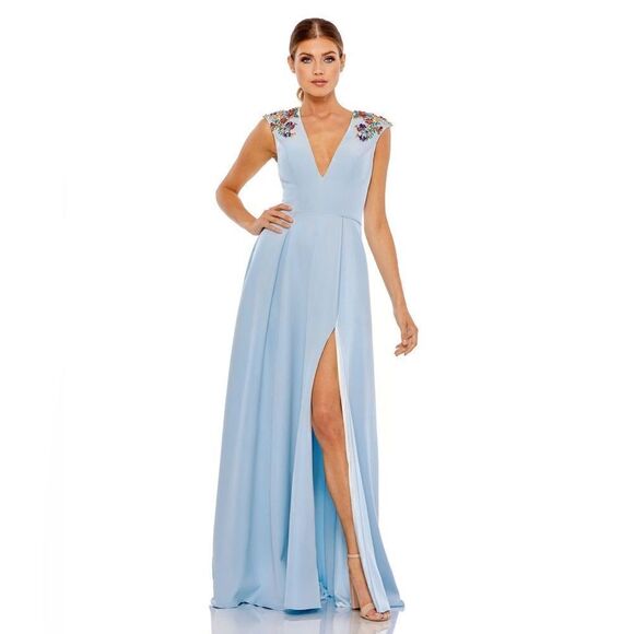Mac Duggal NWT 26540 BEADED CAP SLEEVE V NECK A LINE GOWN in French Blue… - Picture 2 of 13